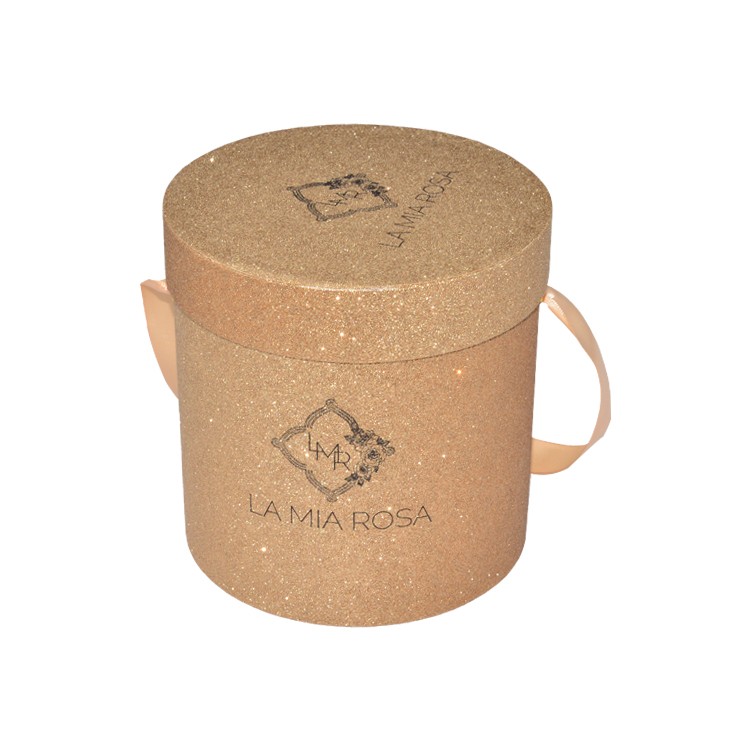 Gold Glitter Paper Round Cylinder Mini Florist Flower Box for Preserved Rose with Silk Handle