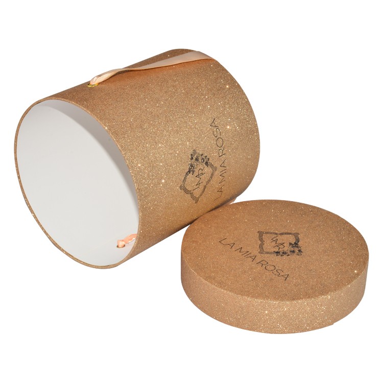 Gold Glitter Paper Round Cylinder Mini Florist Flower Box for Preserved Rose with Silk Handle