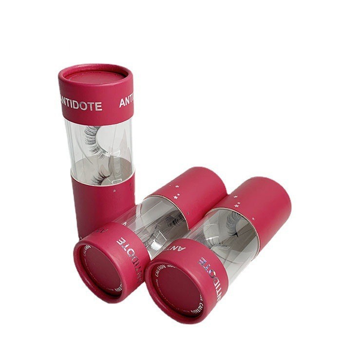Wholesale Custom Hot Silver LOGO Red Color Cosmetic Paper Tube False Eyelashes Cylinder Packaging With PVC Window