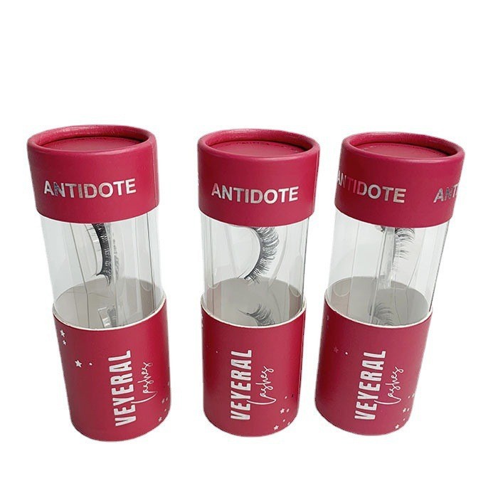 Wholesale Custom Hot Silver LOGO Red Color Cosmetic Paper Tube False Eyelashes Cylinder Packaging With PVC Window