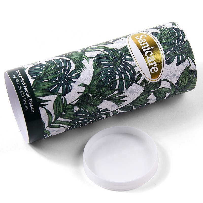 High Quality Gold Foil Logo Color Printing Cylinder Packaging Box Facial Tissue Paper Tube Packaging With Plastic Lid
