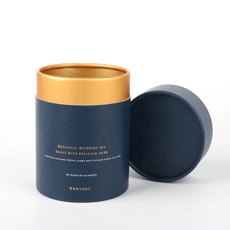 Custom High Quality Dark Blue Fancy Paper Cylinder Box Gold Neck Paper Tube Box For Solid Powder Sachets
