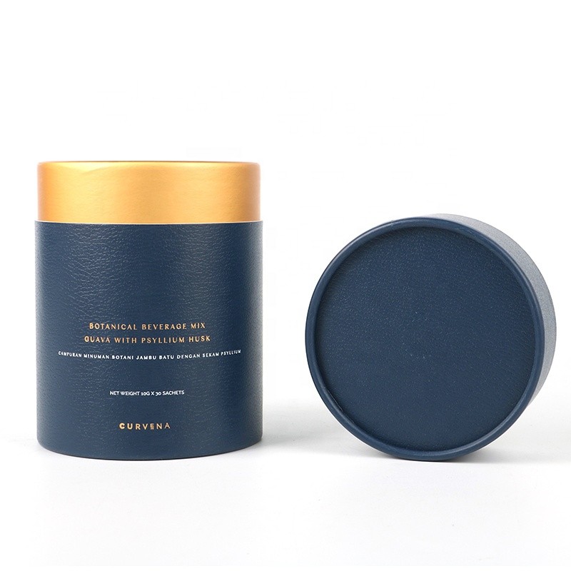 Custom High Quality Dark Blue Fancy Paper Cylinder Box Gold Neck Paper Tube Box For Solid Powder Sachets